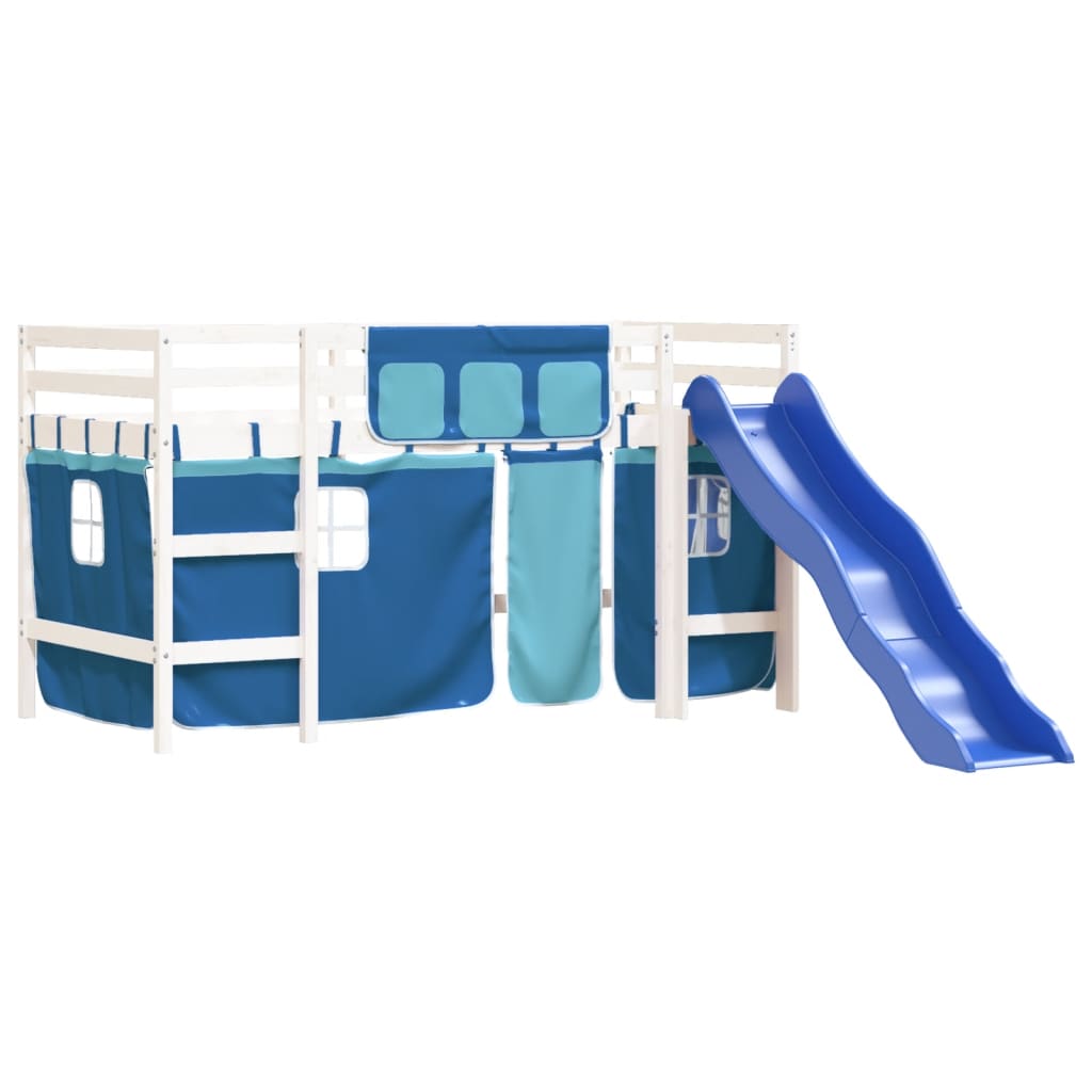 Letto a Soppalco Bambini con Tende Blu 90x190 cm Massello Pino