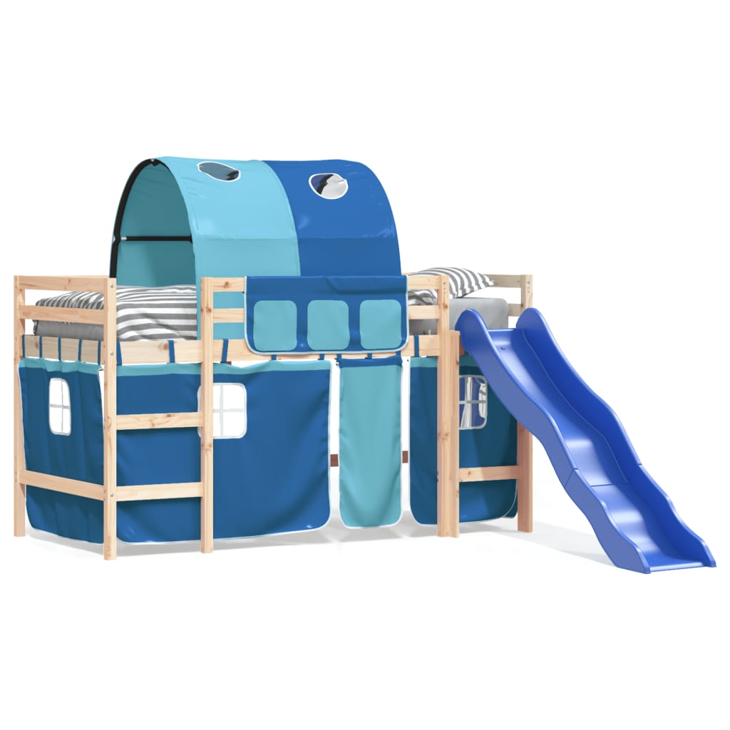 Letto a Soppalco con Tunnel Bambini Blu 80x200cm Massello Pino