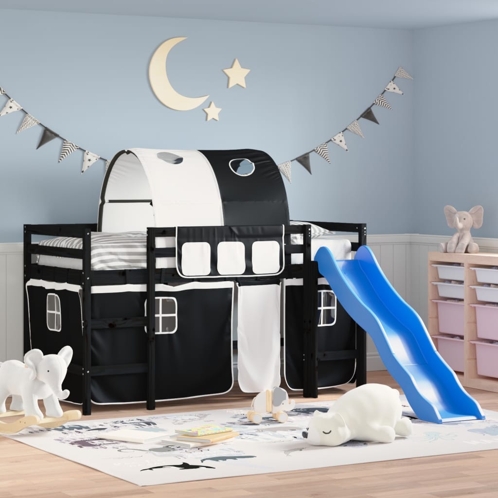 Letto a Soppalco con Tunnel Bambini Bianco e Nero 90x200cm Pino