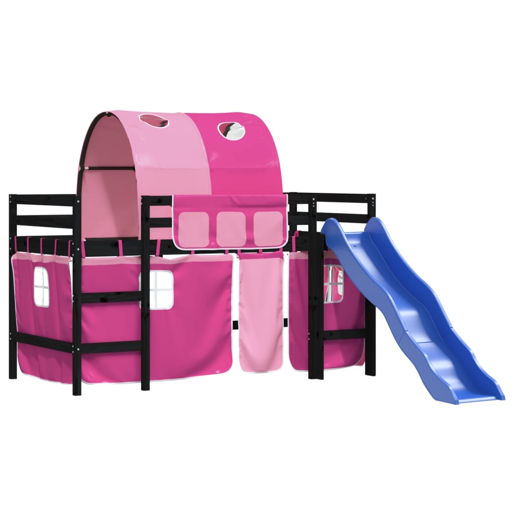 Letto a Soppalco con Tunnel Bambini Rosa 90x190cm Massello Pino