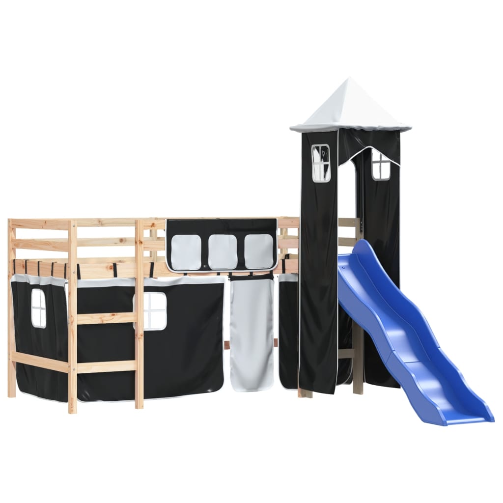 Letto a Soppalco con Torre Bambini Bianco e Nero 80x200cm Pino