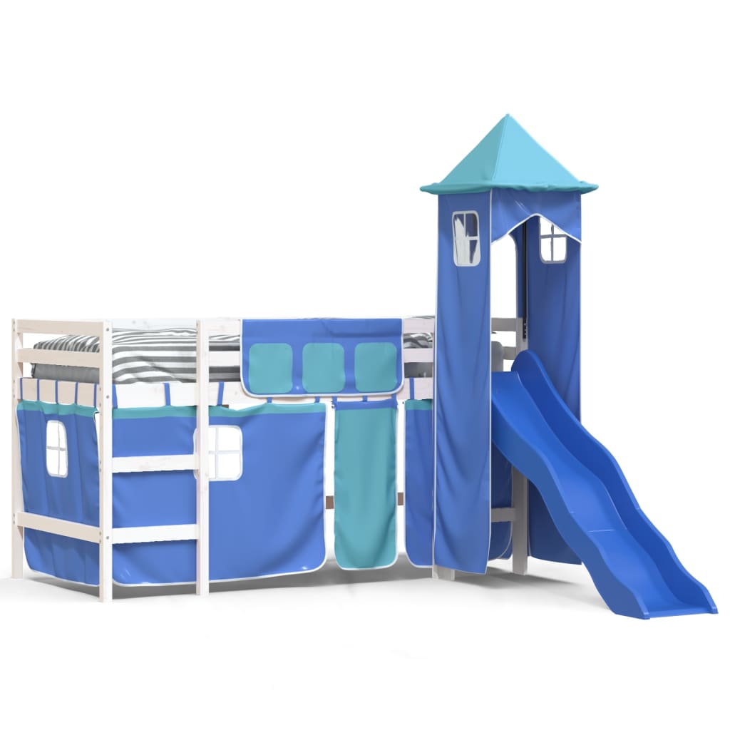 Letto a Soppalco con Torre Bambini Blu 90x200cm Massello Pino