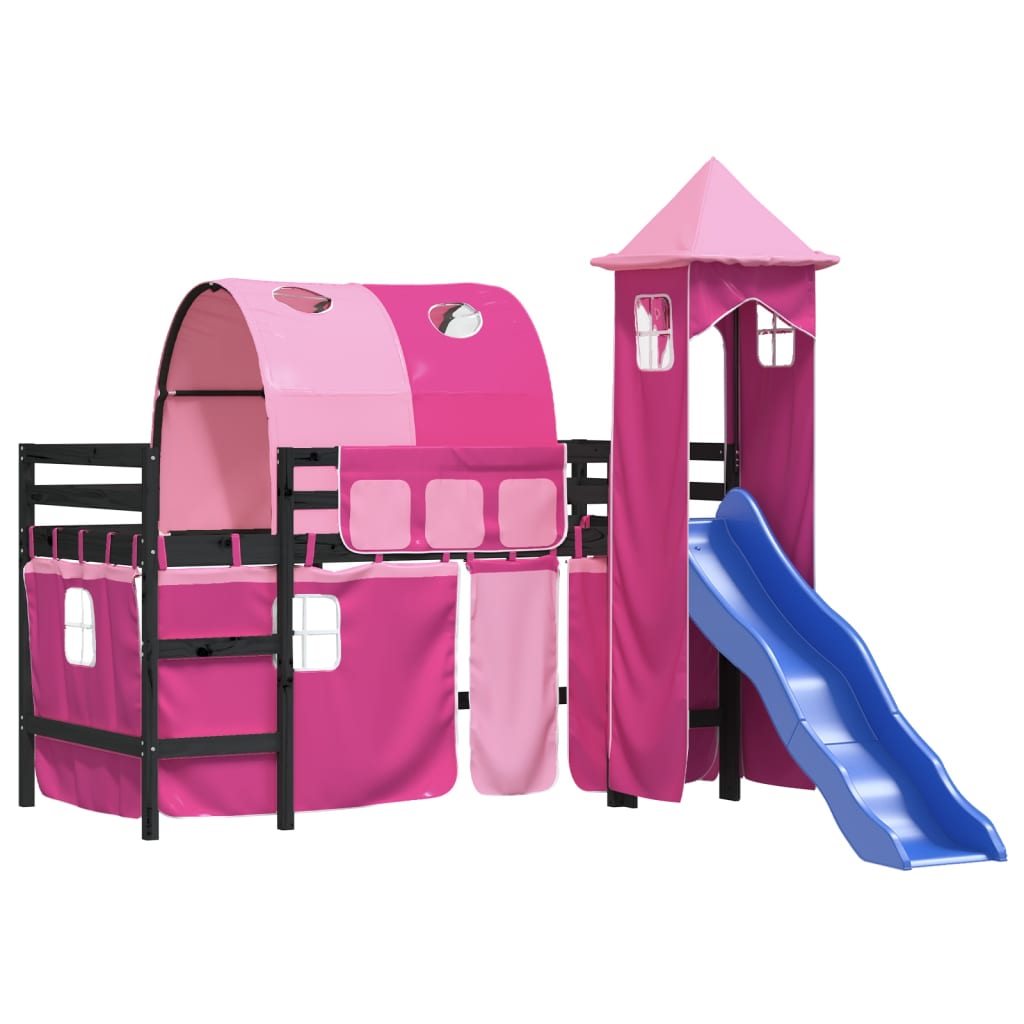 Letto a Soppalco con Torre Bambini Rosa 80x200cm Massello Pino