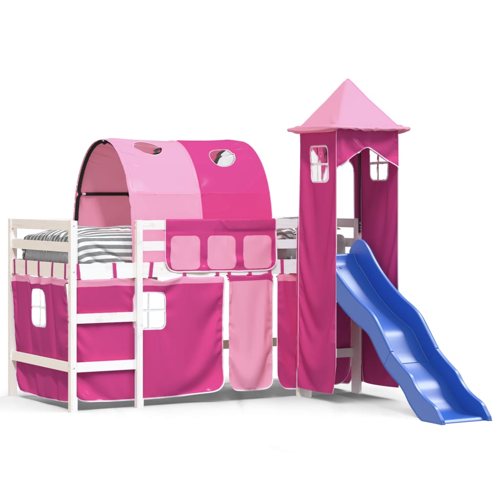 Letto a Soppalco con Torre Bambini Rosa 90x200cm Massello Pino
