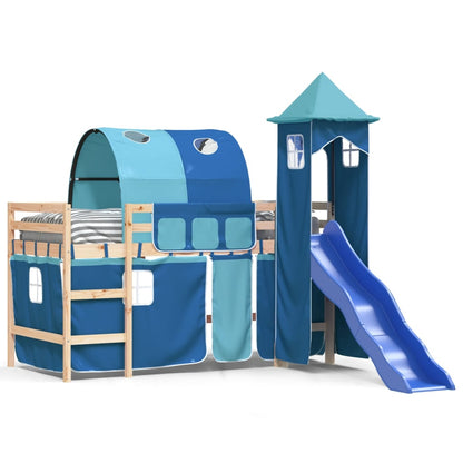 Letto a Soppalco con Torre Bambini Blu 90x190cm Massello Pino