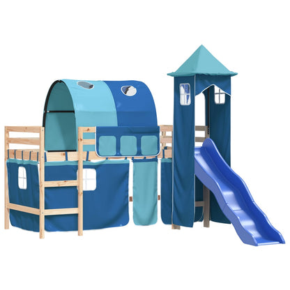Letto a Soppalco con Torre Bambini Blu 90x190cm Massello Pino