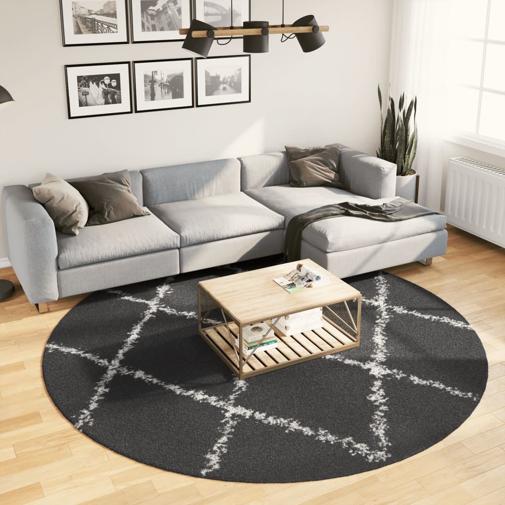 Tappeto Shaggy PAMPLONA a Pelo Lungo Nero e Crema Ã˜ 240 cm