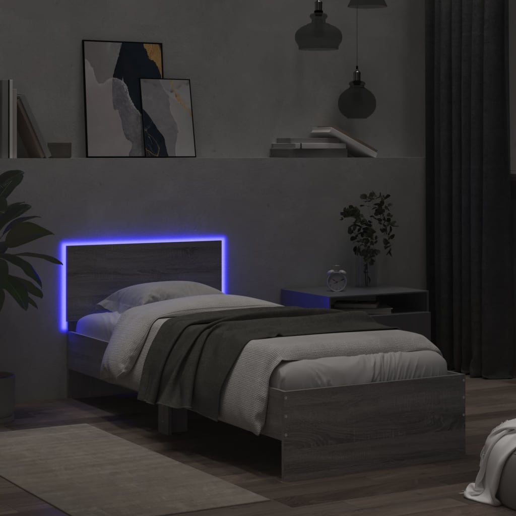 Giroletto con Testiera e LED Grigio Sonoma 90x200 cm