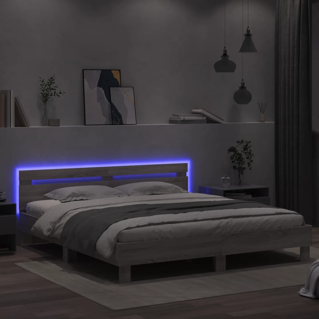 Giroletto con Testiera e LED Grigio Sonoma 160x200 cm