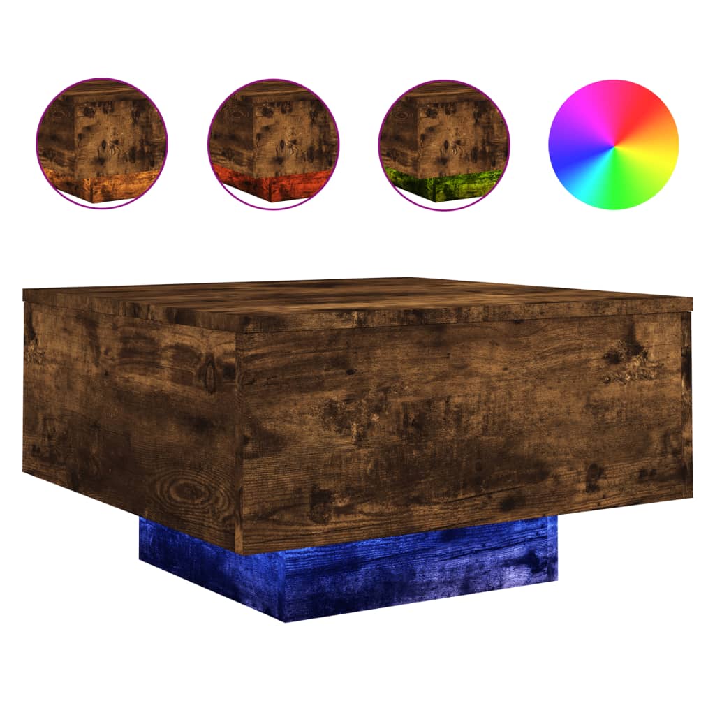 Tavolino da Soggiorno con Luci LED Rovere Fumo 55x55x31 cm