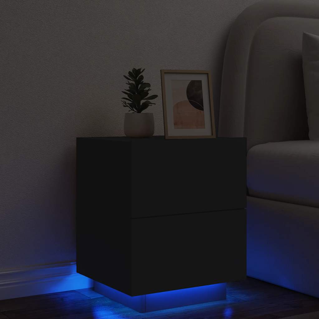 Comodino con Luci LED Nero in Legno Multistrato