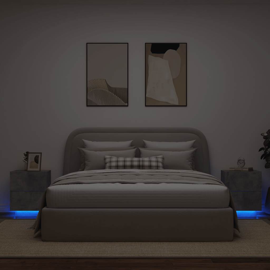 Comodini con Luci LED 2pz Grigio Cemento in Legno Multistrato