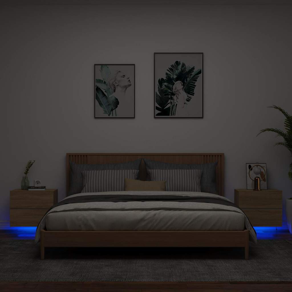 Comodini a Parete con luci LED 2 pz Rovere Sonoma