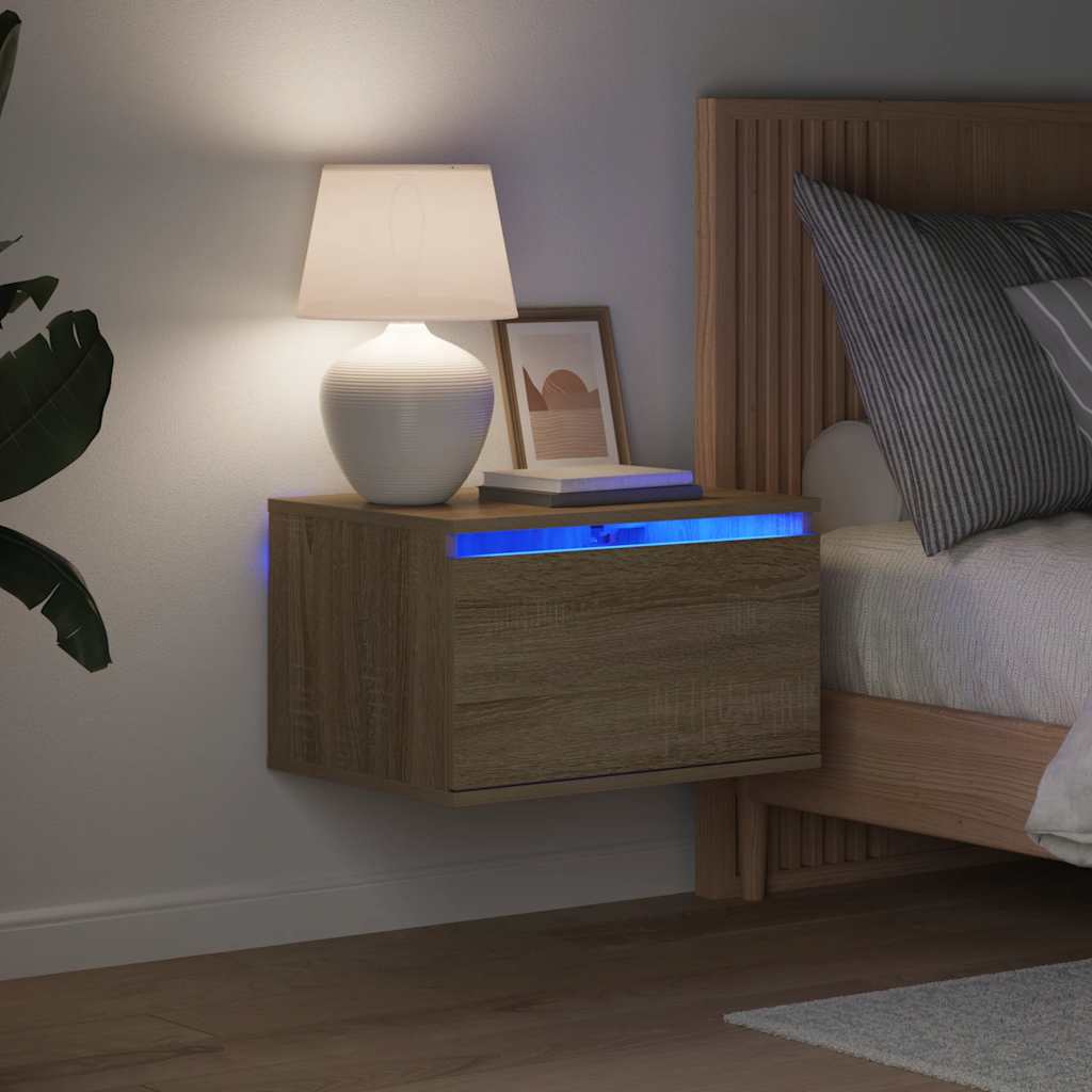 Comodino a Parete con luci LED Rovere Sonoma