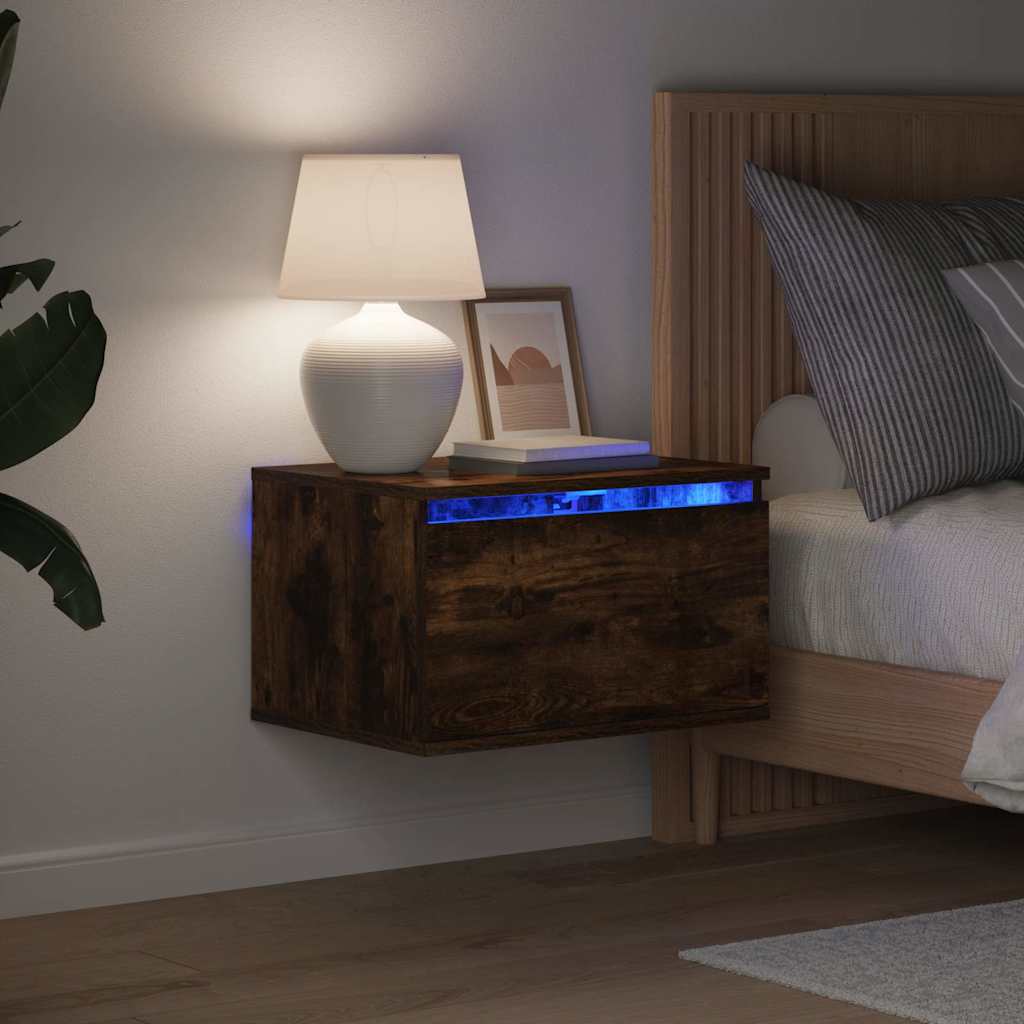 Comodini a Parete con luci LED 2 pz Rovere Fumo
