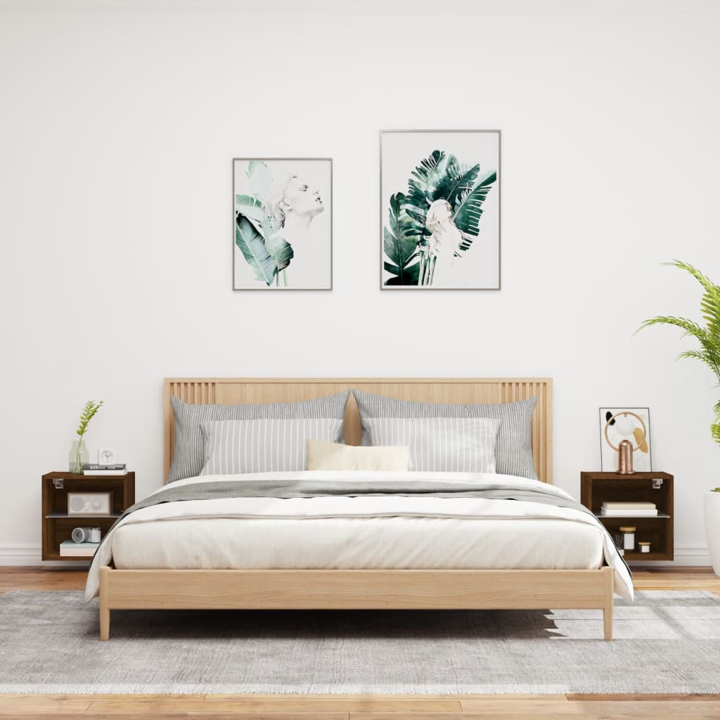Comodini con Luci LED a Parete 2pz Rovere Marrone