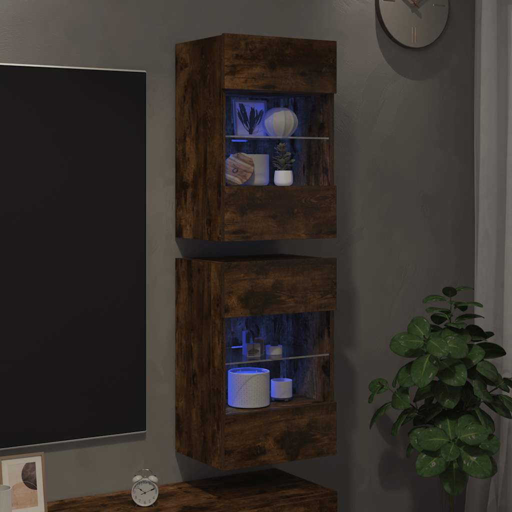 Mobili da parete con luci LED per TV 2pz Rovere Fumo 40x30x60,5 cm