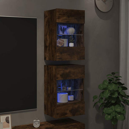 Mobili da parete con luci LED per TV 2pz Rovere Fumo 40x30x60,5 cm