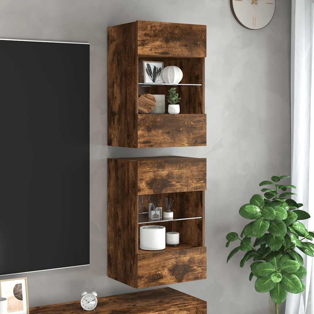 Mobili da parete con luci LED per TV 2pz Rovere Fumo 40x30x60,5 cm