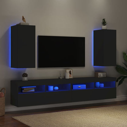 Mobili TV a Parete con Luci LED 2pz Neri 30,5x35x70 cm