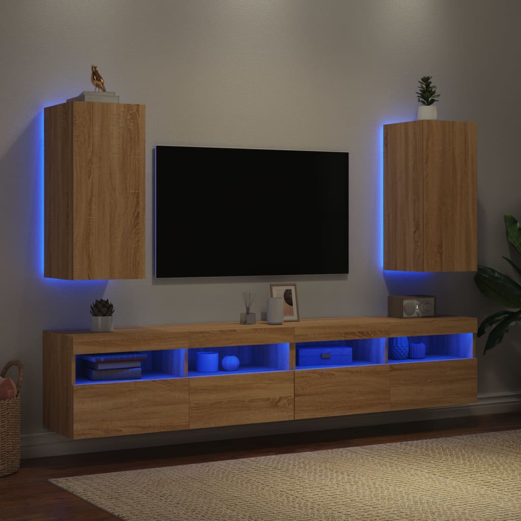 Mobili TV a Parete con Luci LED 2pz Rovere Sonoma 30,5x35x70 cm