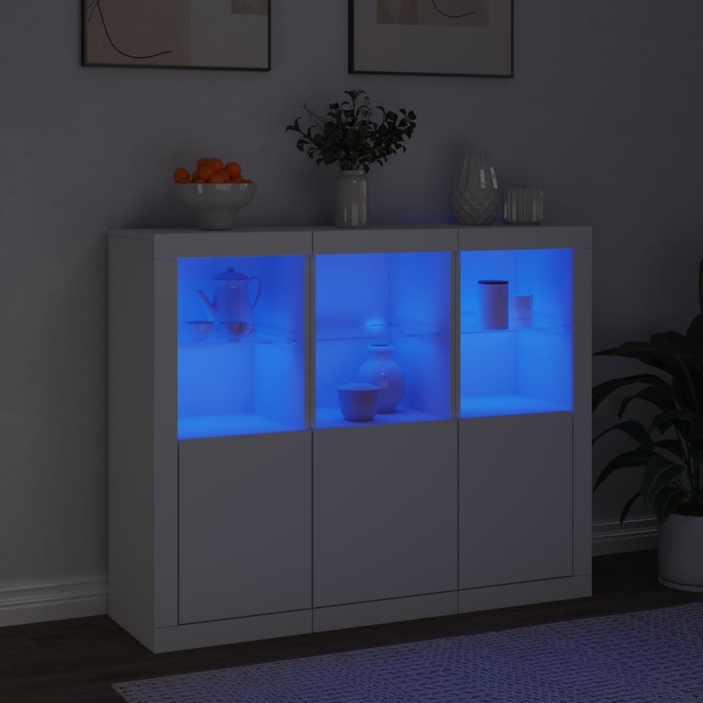 Credenze con Luci LED 3 pz Bianche in Legno Multistrato