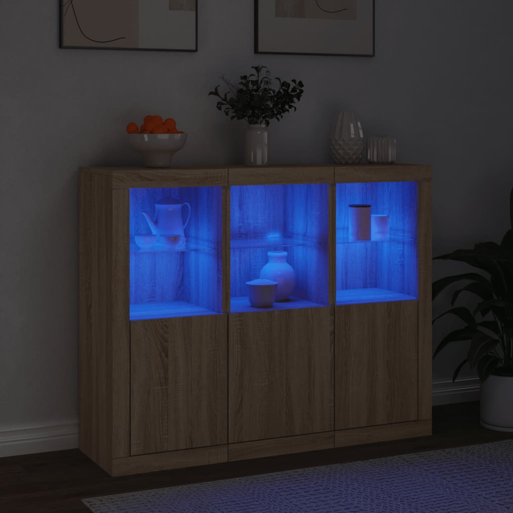 Credenze con Luci LED 3 pz Rovere Sonoma in Legno Multistrato