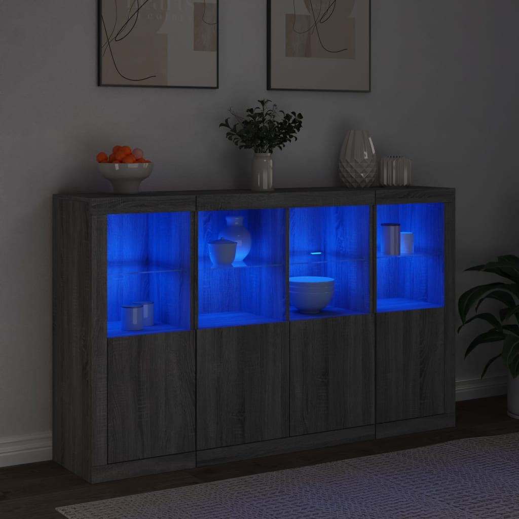 Credenze con Luci LED 3 pz Grigio Sonoma in Legno Multistrato