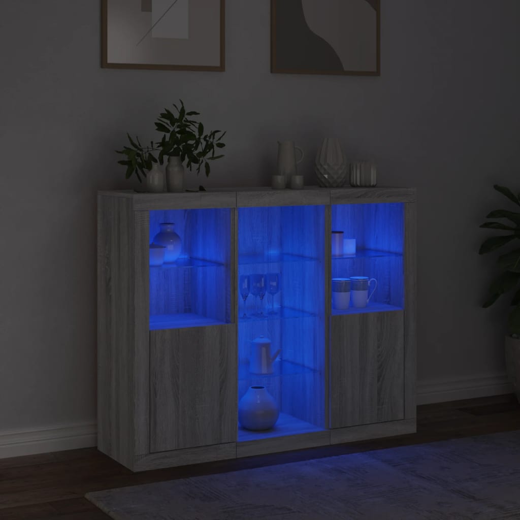 Credenze con Luci LED 3 pz Grigio Sonoma in Legno Multistrato
