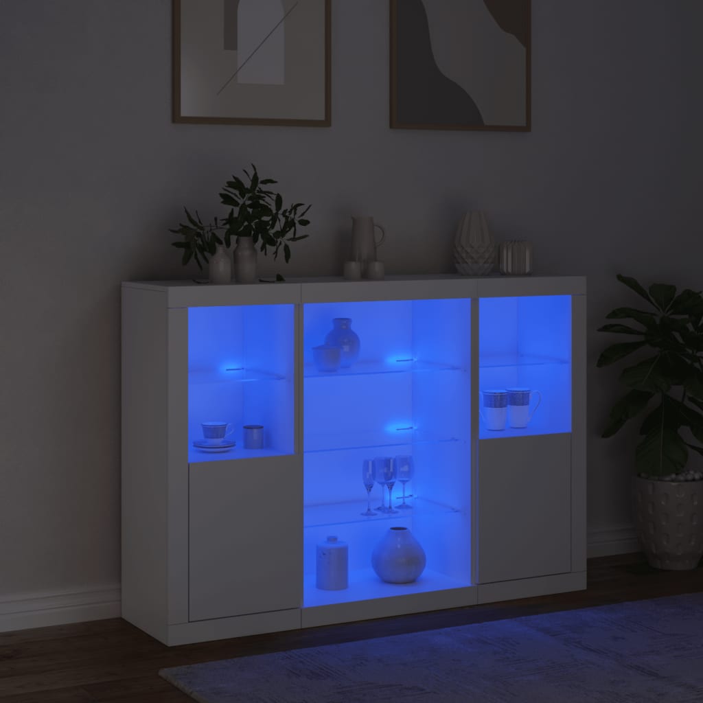 Credenze con Luci LED 3 pz Bianche in Legno Multistrato