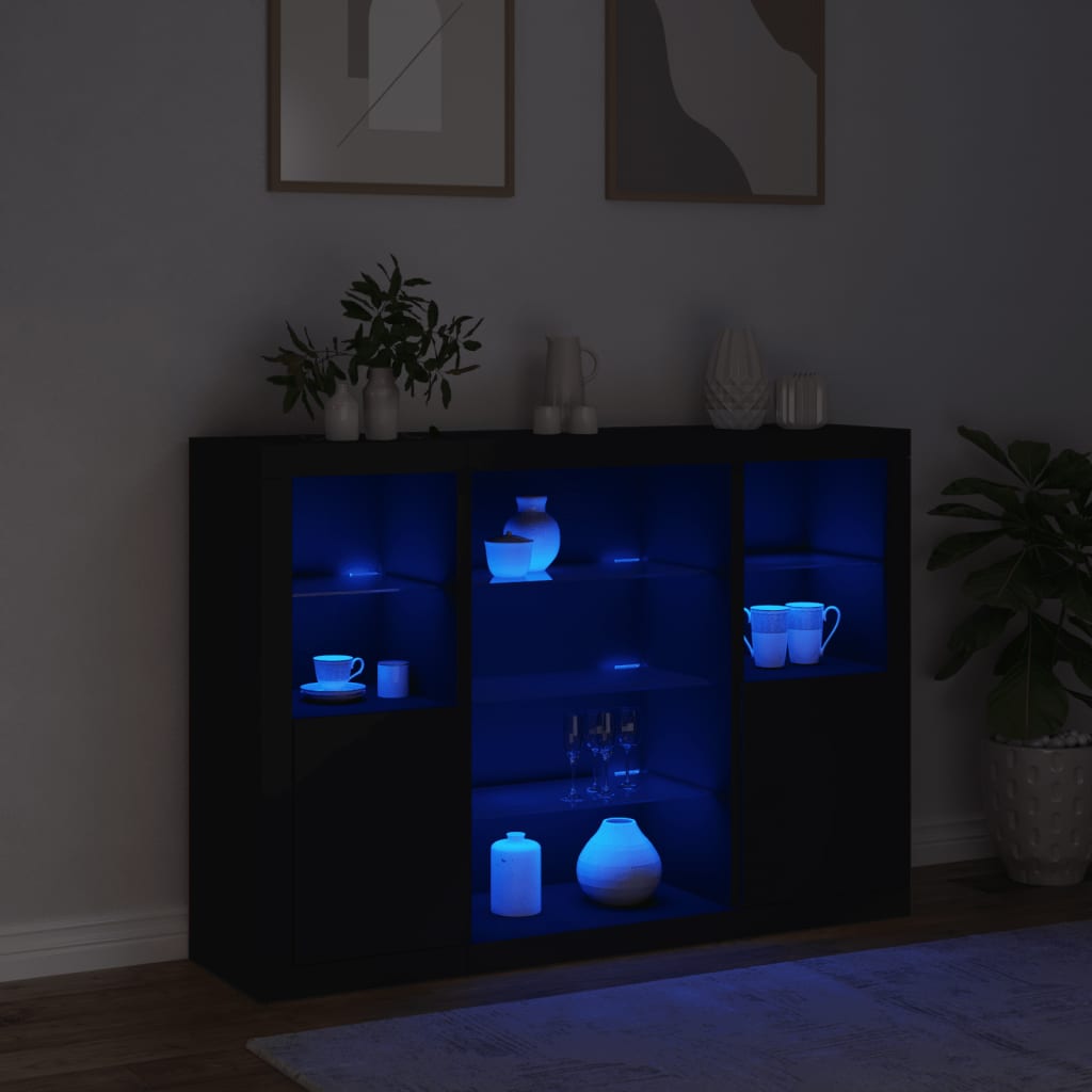 Credenze con Luci LED 3 pz Nere in Legno Multistrato