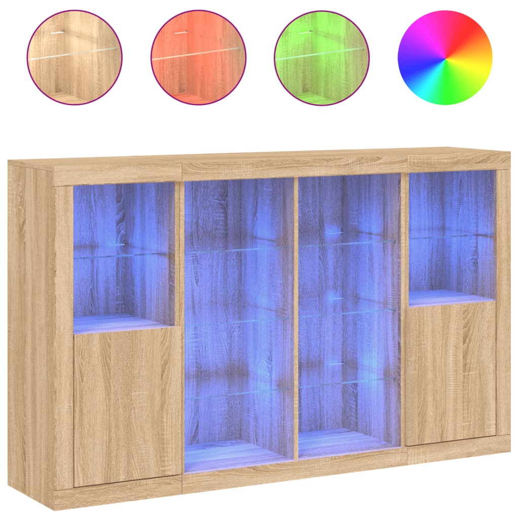 Credenze con Luci LED 3 pz Rovere Sonoma in Legno Multistrato