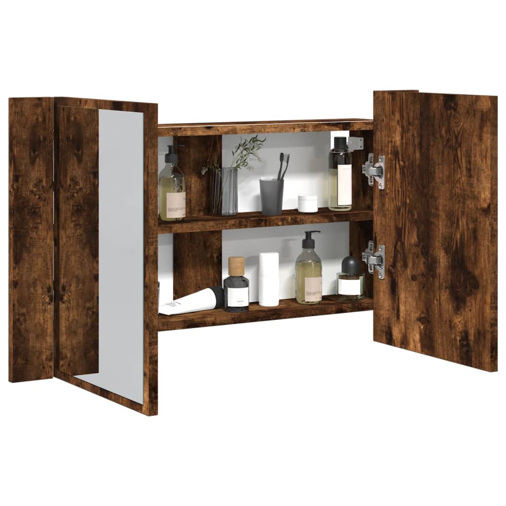 Armadietto a Specchio con LED Rovere Fumo 80x12x45cm Acrilico