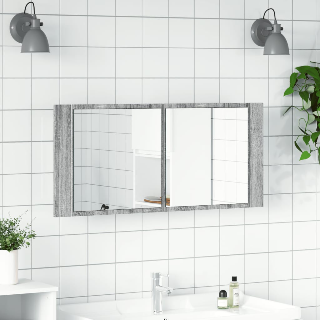 Armadietto Specchio con LED da Bagno Grigio Sonoma 100x12x45 cm