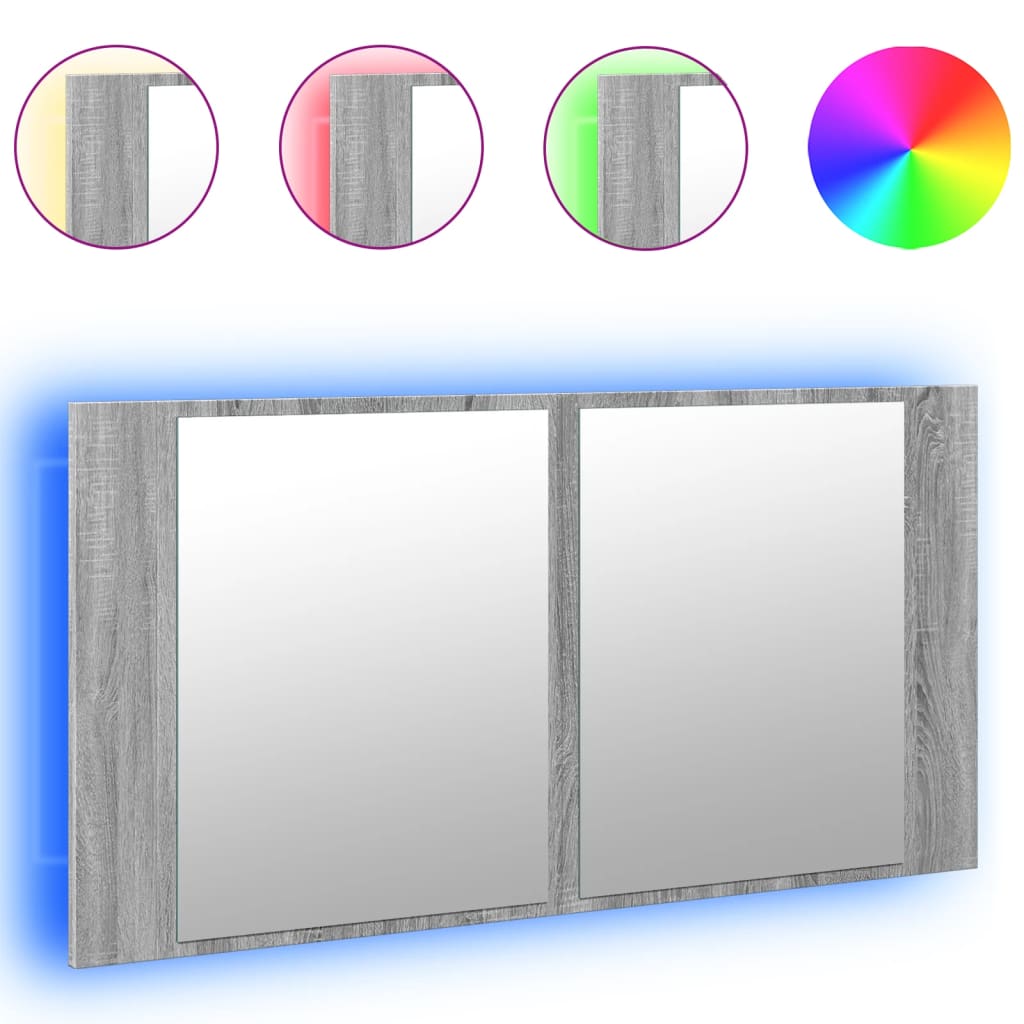 Armadietto a Specchio con LED Grigio Sonoma 90x12x45cm Acrilico
