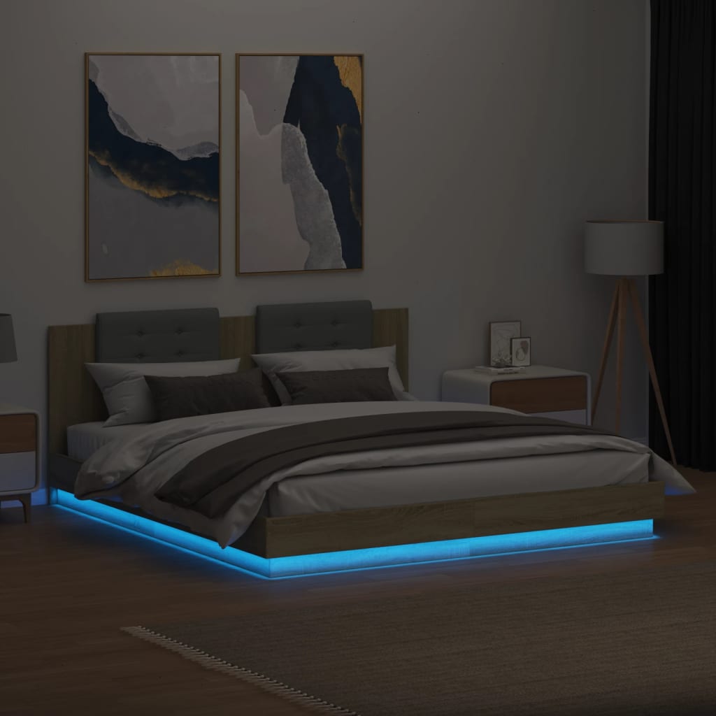Giroletto con Testiera e LED Rovere Sonoma 200x200 cm