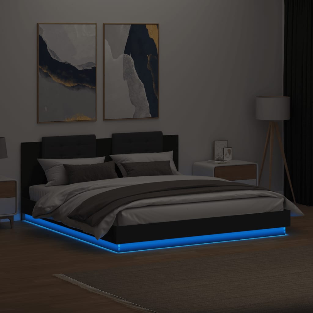 Giroletto con Testiera e LED Nero 180x200 cm