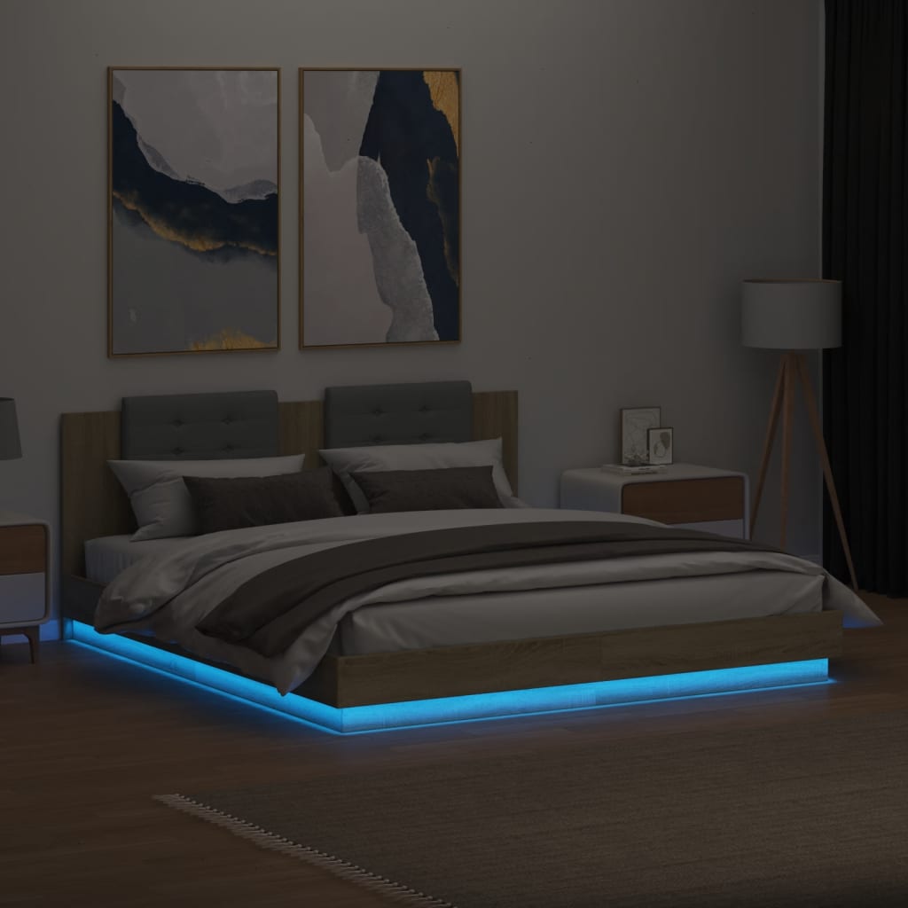 Giroletto con Testiera e LED Rovere Sonoma 180x200 cm