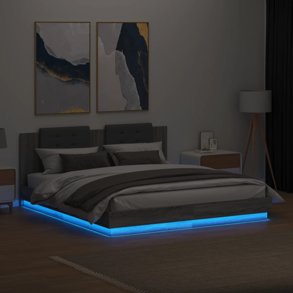 Giroletto con Testiera e LED Grigio Sonoma 180x200 cm