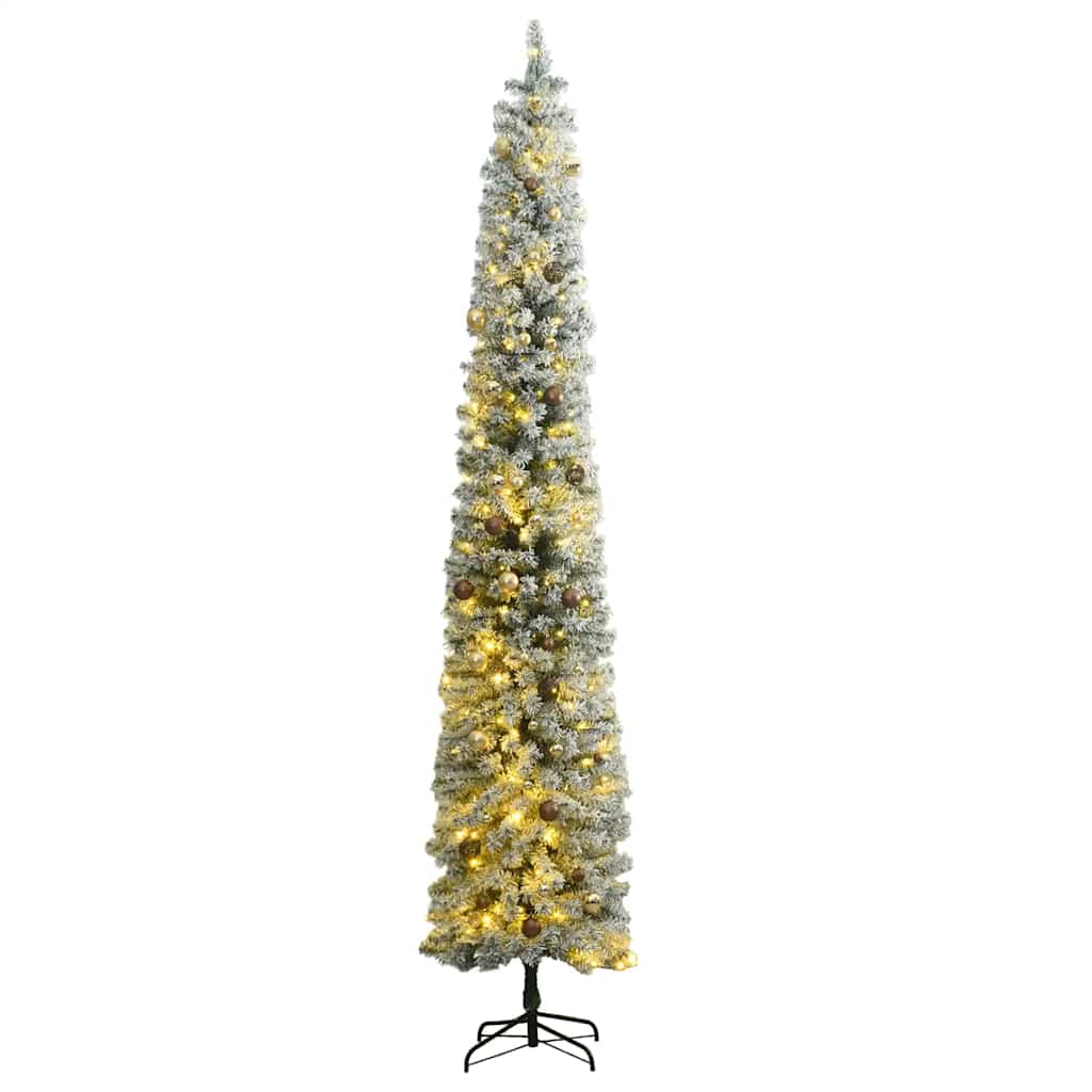 Albero Natale Sottile 300 LED Set Palline Neve Floccata 300 cm