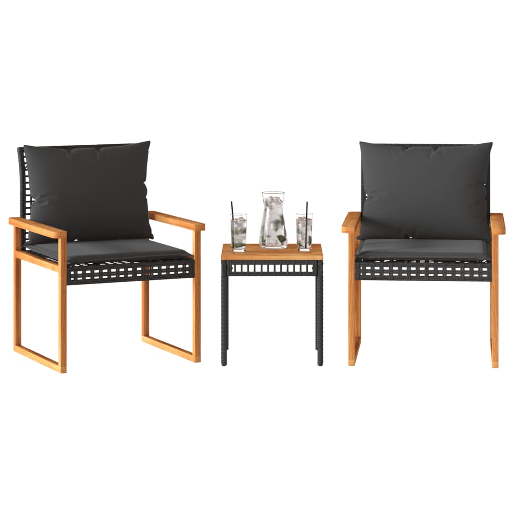 Set da BistrÃƒÆ’Ã‚Â² 3 pz con Cuscini Nero Polyrattan e Legno Acacia