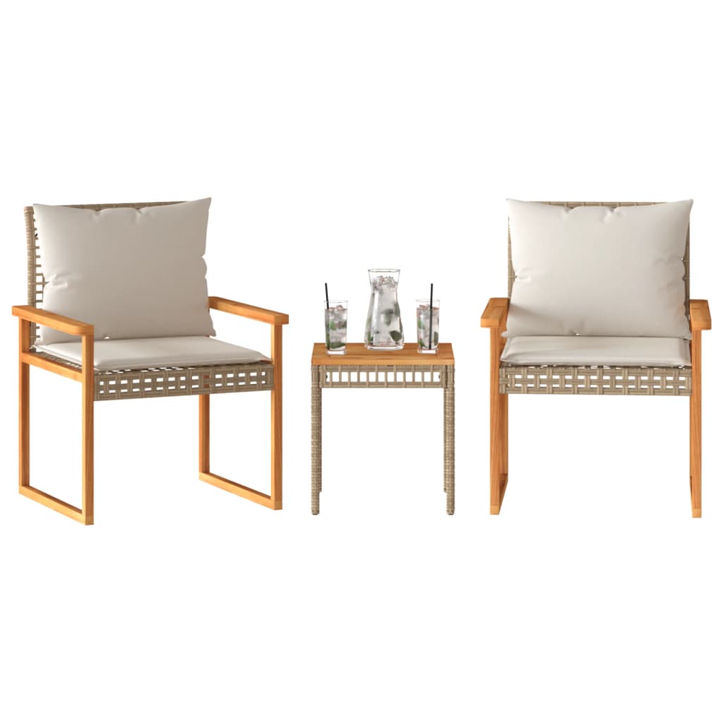 Set da BistrÃ² 3 pz con Cuscini Beige Misto Polyrattan e Acacia