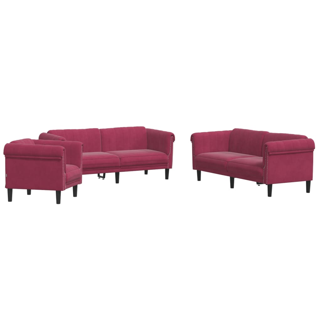 Set di Divani 3 pz Rosso Vino in Velluto