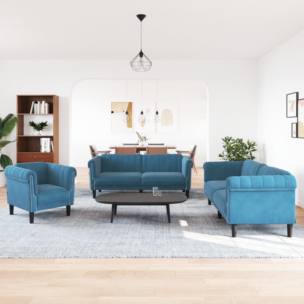 Set di Divani 3 pz Blu in Velluto