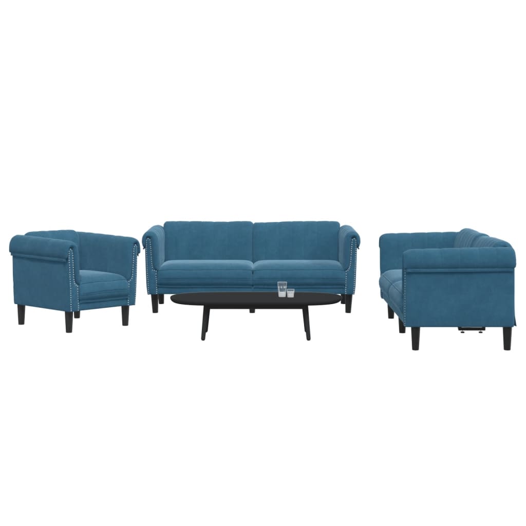 Set di Divani 3 pz Blu in Velluto