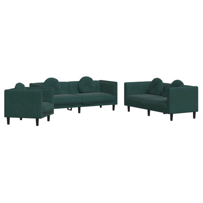 Set di Divani 3 pz con Cuscini Verde scuro in Velluto