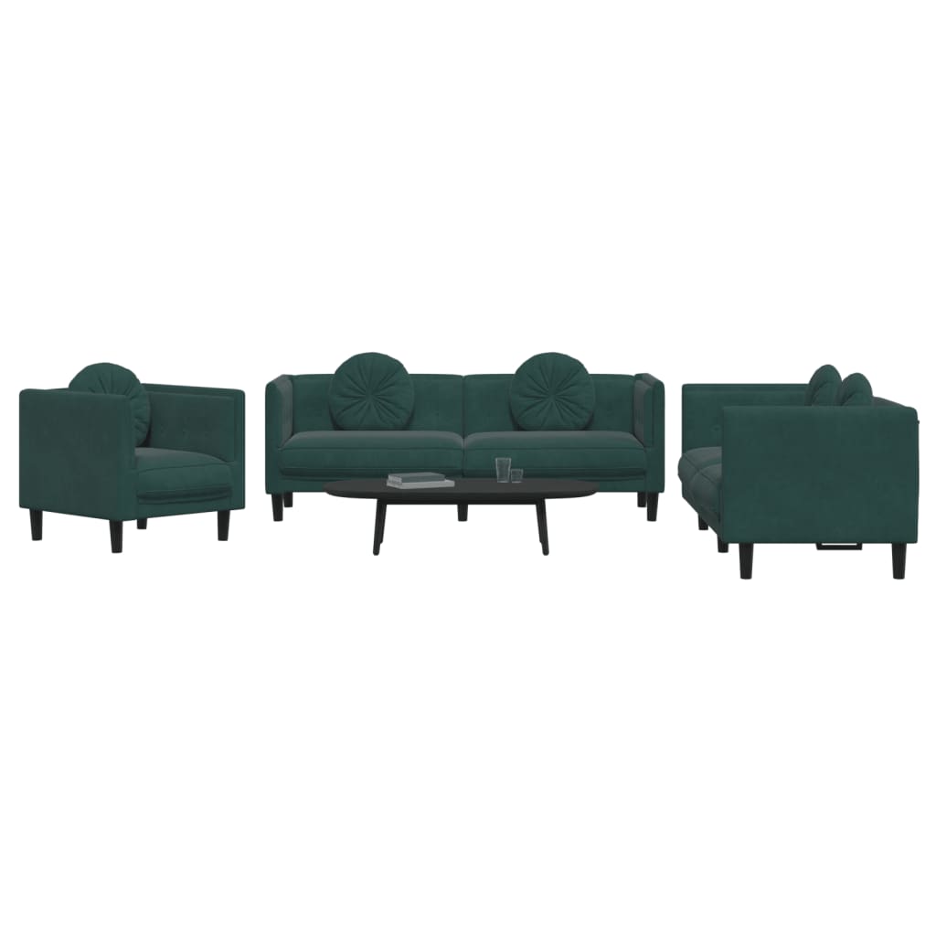 Set di Divani 3 pz con Cuscini Verde scuro in Velluto