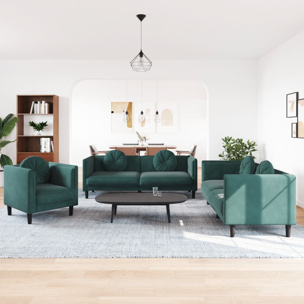 Set di Divani 3 pz con Cuscini Verde scuro in Velluto
