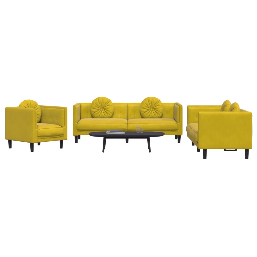 Set di Divani 3 pz con Cuscini giallo in Velluto