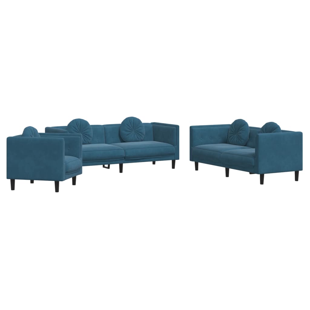 Set di Divani 3 pz con Cuscini Blu in Velluto